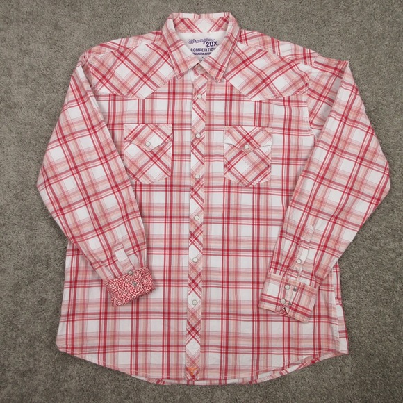 Wrangler Other - Wrangler Shirt Mens XL Pink Plaid 20X Competition Advanced Comfort Pearl Snap